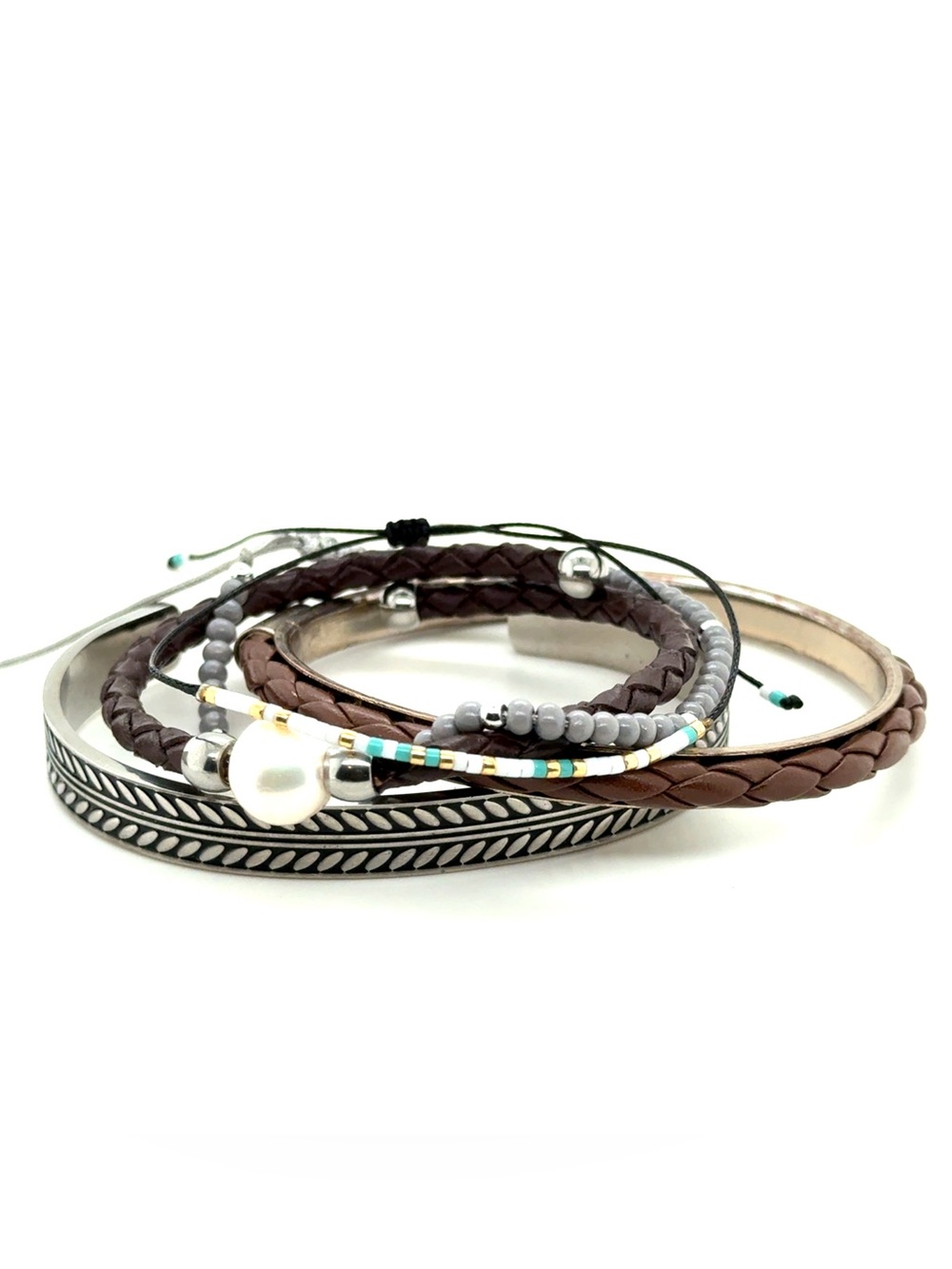 Layered Brown Leather & Beaded Bracelet Set (E5)